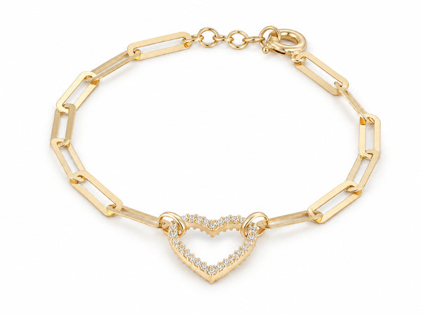 Gold paperclip link bracelet with a single open heart outlined in cubic zirconia stones