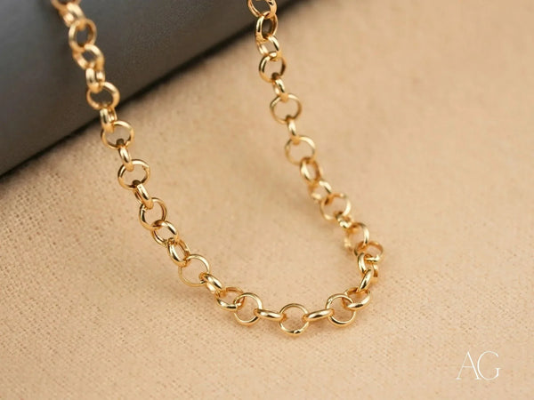 18K solid gold rolo chain necklace, 4mm bold round-link art gold jewelry