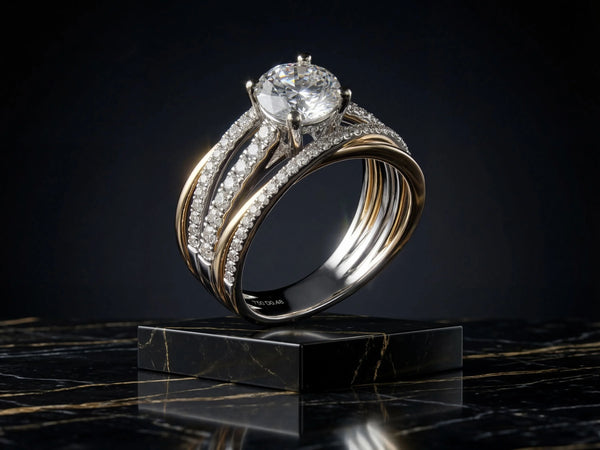 18K two-tone gold engagement ring with 1ct diamond center stone, full ring view