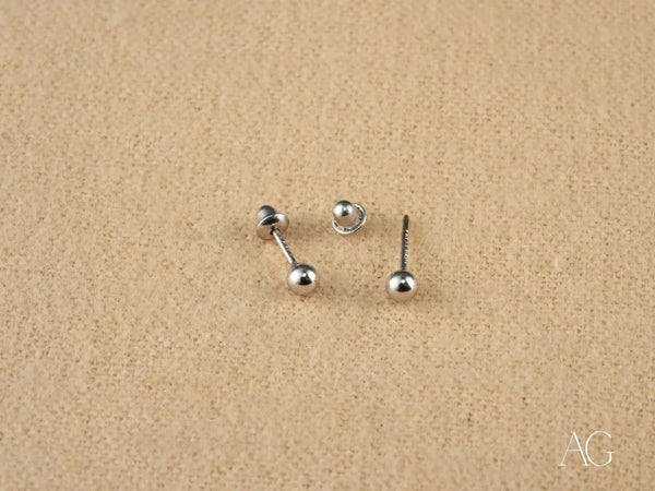 Certified 18k solid white gold 3mm ball-end screw-back earrings set