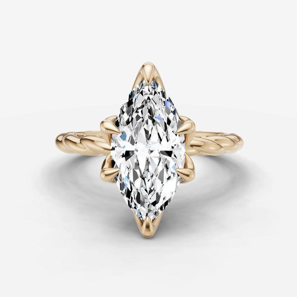 Twisted shank engagement ring setting with marquise-cut center stone, top view, yellow gold