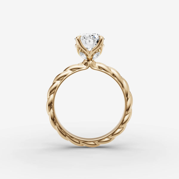 Twisted shank engagement ring setting in yellow gold, side view showing gallery