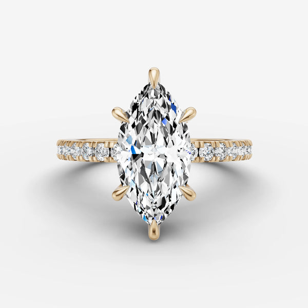Top view, yellow gold marquise engagement ring setting with six-prong center mount and pave diamond band