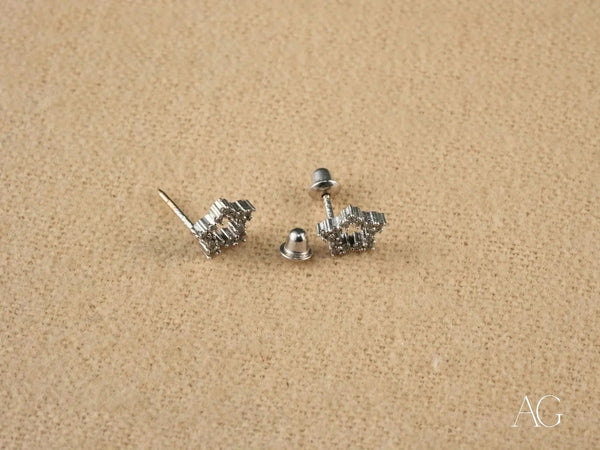 Celestial Spark certified 18k solid white gold star CZ earrings with silver studs and butterfly backs