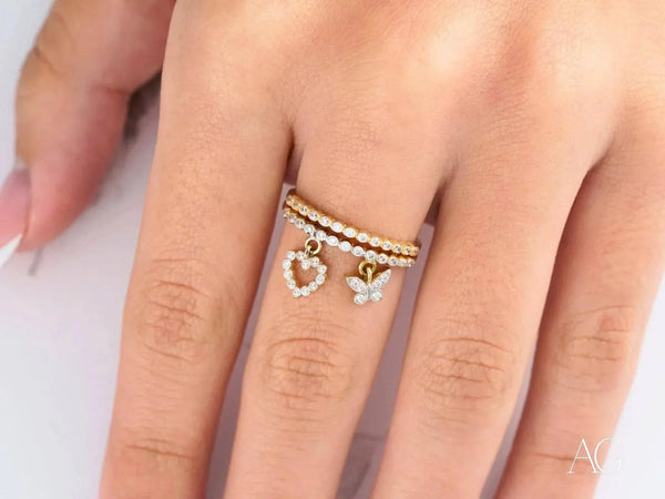 Exquisite solid 18k yellow gold ring with heart and butterfly charms
