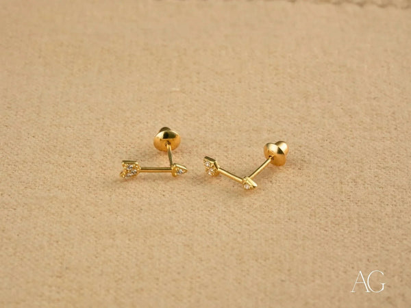 Cupid’s Arrow 18k Gold CZ arrow stud earrings with push-back clasp