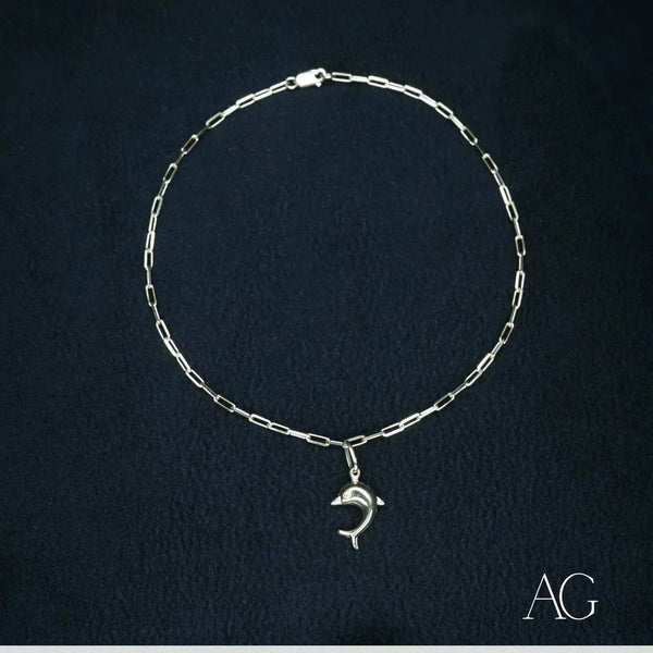 Silver-toned paperclip chain 18k gold anklet with jumping dolphin charm