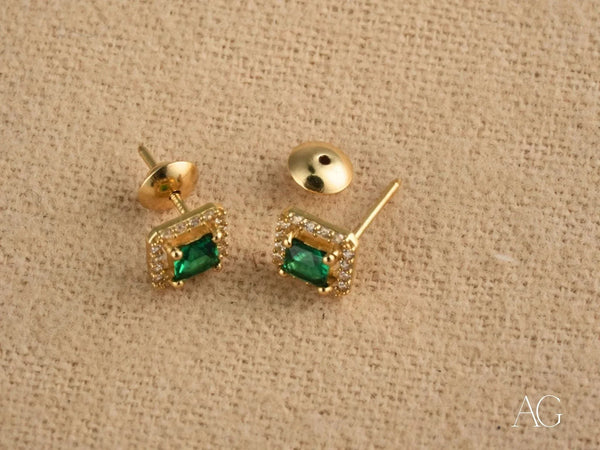 Emerald Radiance 18k gold halo stud earrings with green cubic zirconia