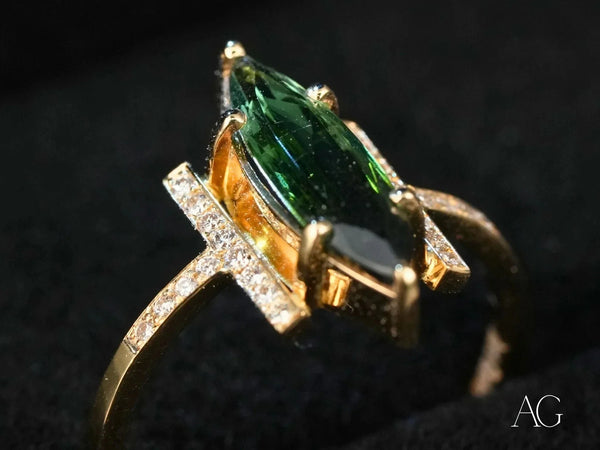 Emerald Whisper 18K gold green tourmaline marquise ring with diamonds