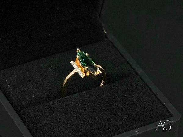 Emerald Whisper 18K gold green tourmaline marquise-cut ring with diamonds
