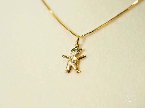 18k solid gold cherub pendant necklace with gemstone chest