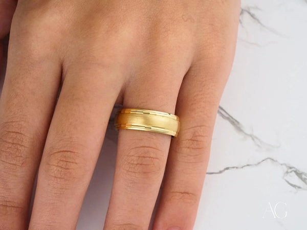 Golden Fortress wedding band: wide domed gold ring with satin finish