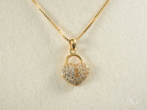 Locker Heart Pendant: Gold Chain with Heart Lock CZ Padlock