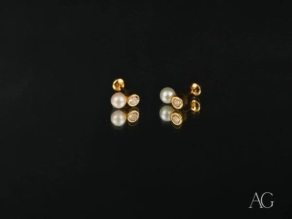 Lustrous Harmony 18K gold pearl drop earrings with CZ stud