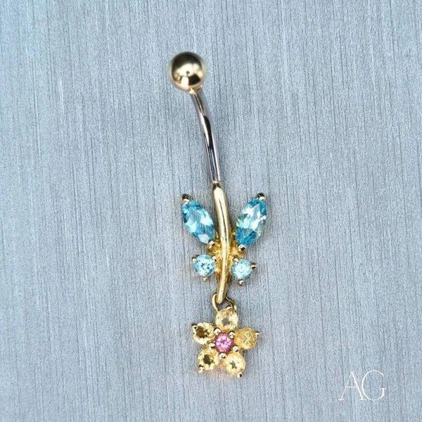 Luxury 18k Gold Bellybutton Piercing with Blue Butterfly and Gem Flower