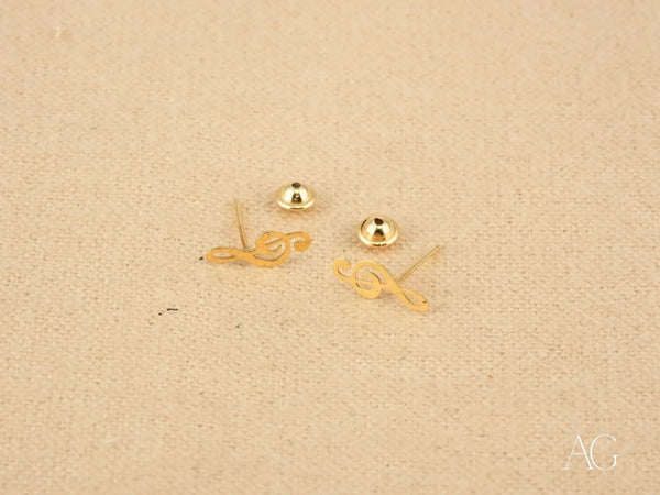 Certified 18k solid gold music note earrings, delicate treble clef studs