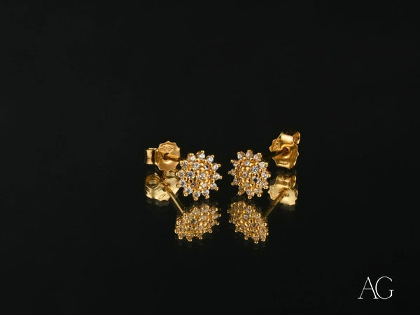 Radiant Blossom 18K gold CZ flower earrings with sunburst design