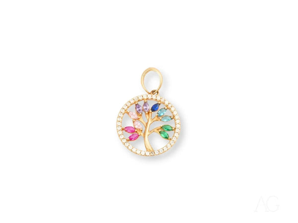 18k solid gold Tree of Life pendant with colorful gemstones