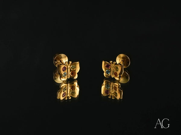 Rainbow Flutter 18K gold multicolor CZ butterfly earrings