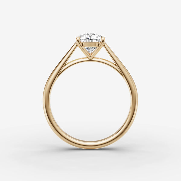 Cathedral engagement ring setting in yellow gold, side view showing arched band shoulders