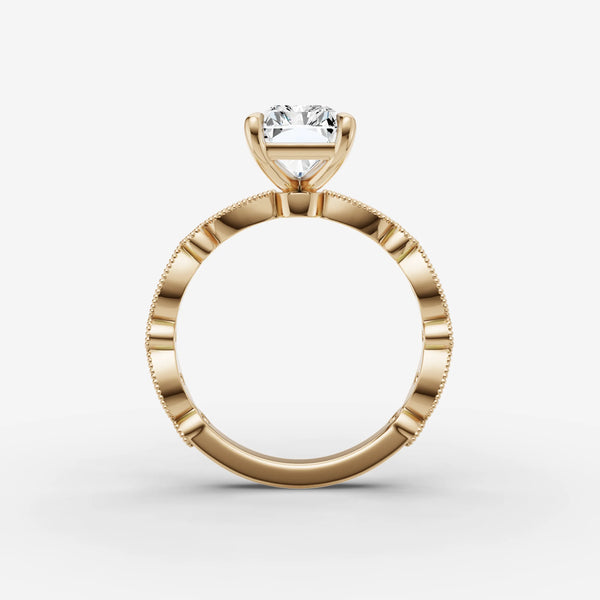 Heritage Radiant engagement ring in yellow gold, side profile showing milgrain band detail and setting structure