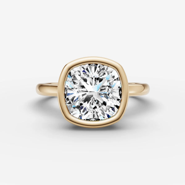 Bezel-set cushion-cut ring setting, front view, yellow gold