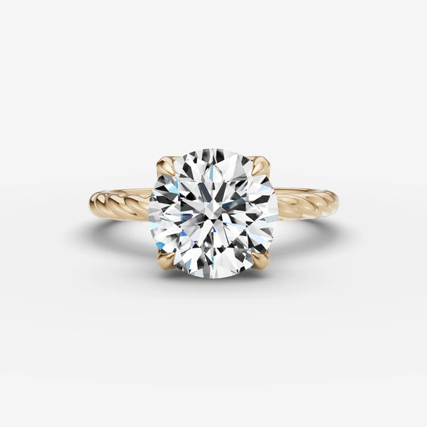 Round center engagement ring setting with twisted gold shank, front view