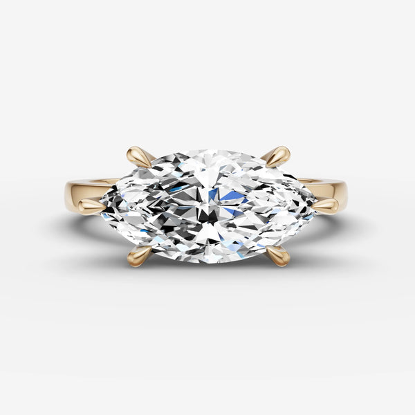 East-west marquise solitaire engagement ring setting in yellow gold, front view