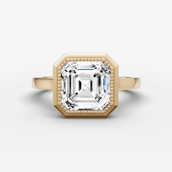 Bezel engagement ring setting in yellow gold with Asscher-cut center stone and milgrain border, front view
