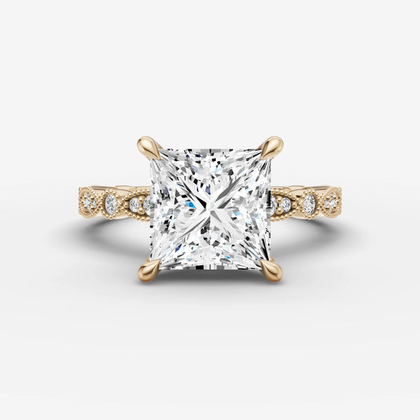 Princess-cut engagement ring setting in yellow gold with pave diamond band, front view