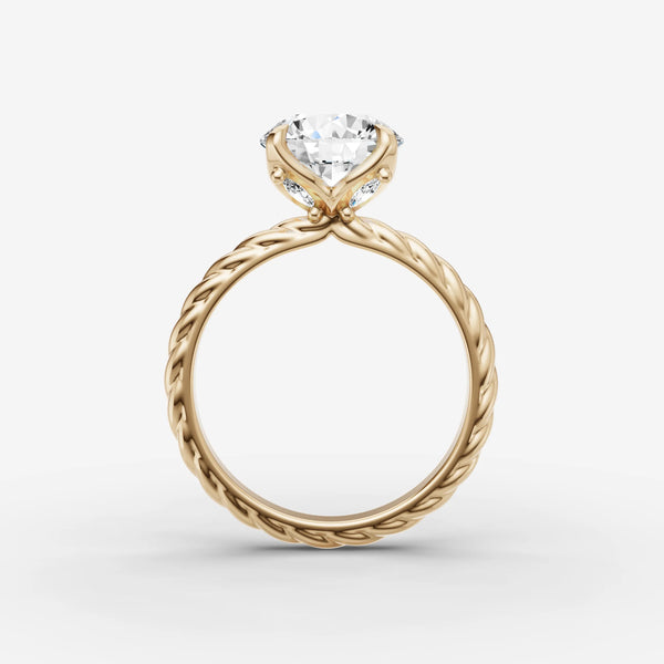 Twisted gold engagement ring setting showing gallery accent stones, side view