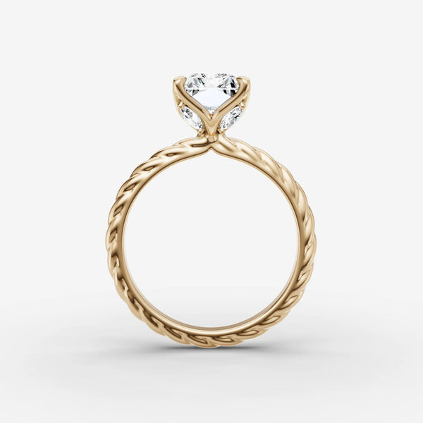 Twisted shank engagement ring setting with side diamonds, angled profile view