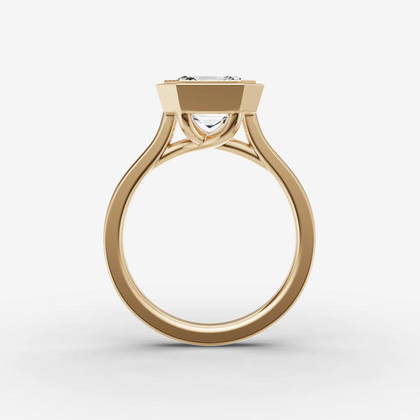 Yellow gold ring setting showing undercarriage and band interior, rear view