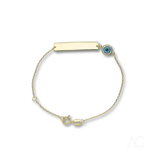 Solid gold kids ID bracelet with evil eye motif and customizable ID plate