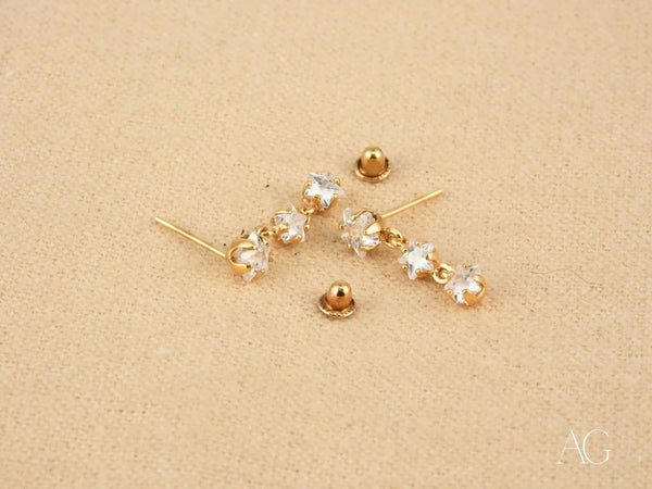 Stars Drop Earrings: Certified 18k Solid Gold Art Gold Jewelry with Clear Star Gems