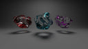 Translucent glass-like gems with red, teal, purple swirls evoking hope diamond curse