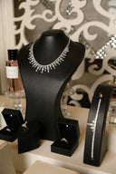 Jewelry display featuring a diamond necklace and rings.