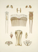 A gold jewelry art deco hair comb with intricate flowing curves and a central pink gemstone accent.