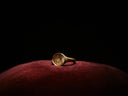 Golden art gold jewelry ring with royal jewels seal on red velvet cushion