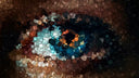 Mosaic eye of cursed gems in pixelated blue, orange, brown cubes