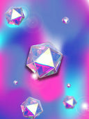 Iridescent geometric crystal dice reflecting pink purple and blue hues featured in cursed gems and art gold jewelry.