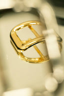 A shiny gold buckle on a reflective surface.