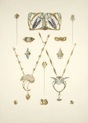 Art nouveau-style gold jewelry set with enamel featuring intricate floral bird and organic forms in jewelry history.