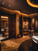 Warm-toned curved van Cleef display counter with glass top and timeless elegance