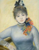 Pastel blue high-neck dress with floral shoulder, evoking jewelry history