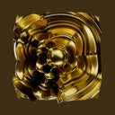 A shiny golden sculpture in a geometric shape.