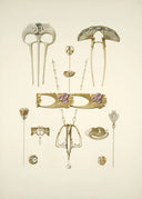 Art nouveau-style gold jewelry hairpins with purple gemstones featuring flowing organic designs in royal jewels history