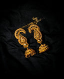 Ethical 18k gold paisley jhumka earrings with filigree and bells