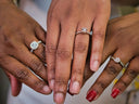 Three silver-toned diamond rings with unique bands and central stones featured in custom gold jewelry heirloom article