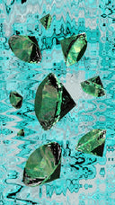 Faceted green gemstones featured in fine jewelry float against a shimmering turquoise ripple background in art gold style